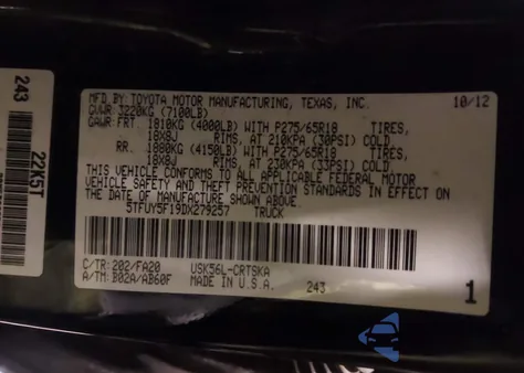 2013 Toyota Tundra Grade 5.7L V8 from USA, damaged, VIN 5TFUY5F19DX279257